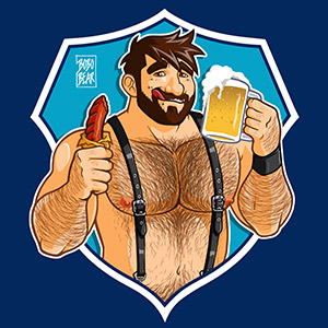 Bobo Bear: Adam likes sausage and beer - blue background