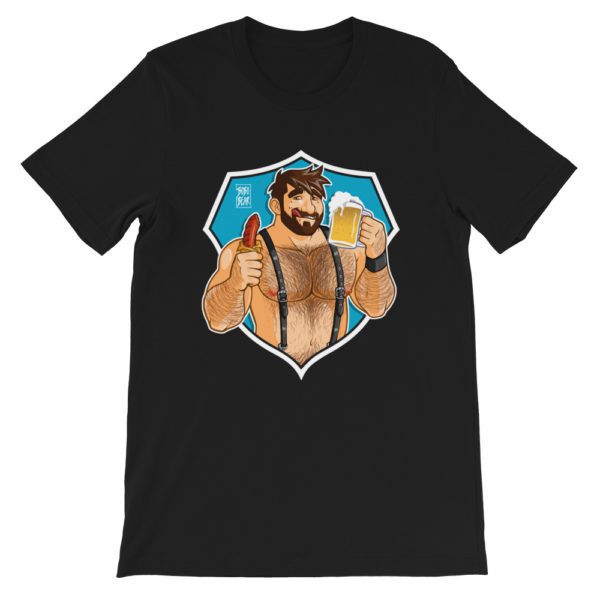 ADAM LIKES SAUSAGE AND BEER - BLUE BACKGROUND - Short-Sleeve Unisex T-Shirt